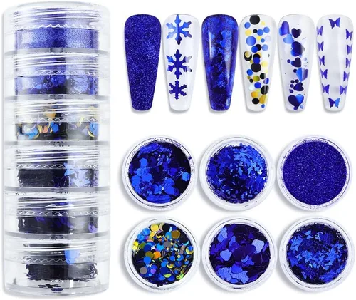 Lentejuelas azules con purpurina para uñas navideñas, 6 rejillas, lentejuelas con purpurina para uñas de invierno, mezcla de copos de nieve,