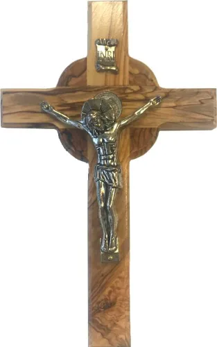 Miniatura 11 de Holy Land Market Crucifijo de pared de madera de olivo celta de 6 pulgadas, hecho a mano en Belén con medalla de metal de San Benito