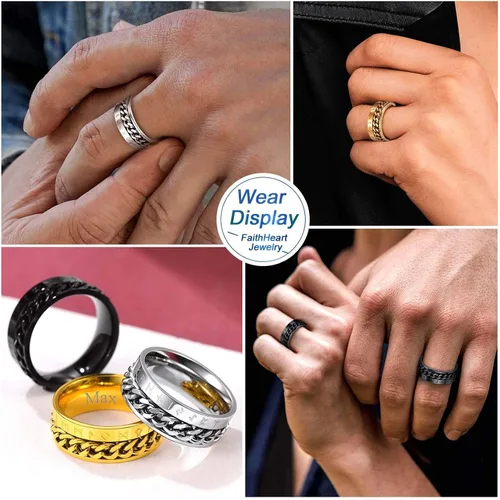 Miniatura 6 de FaithHeart Anillo giratorio nórdico vikingo con runas de acero inoxidable chapado en oro para hombres y mujeres, puede grabar personalizado