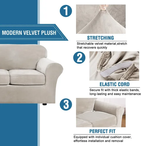 Miniatura 3 de H.VERSAILTEX Funda de terciopelo moderna de felpa de 4 piezas de alta elasticidad para sofá, protector de muebles de ajuste perfecto, funda de Avena