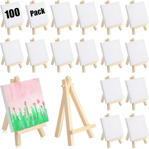 Miniatura 8 de Fuutreo Juego de 200 piezas de mini lienzo y caballete, 100 mini lienzos estirados con 100 caballetes de madera para verter acrílico, pintura al
