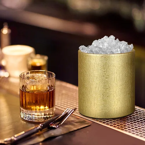 Miniatura 5 de Cubo de hielo con tapa, 2.8 L, doble pared de acero inoxidable que mantiene el frío durante más tiempo, cubo de hielo dorado aislado con pinza