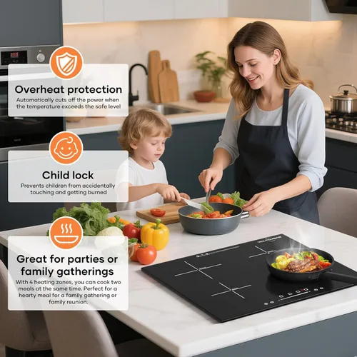 Miniatura 5 de Placa de cocción de inducción integrada de 24 pulgadas, 4 quemadores 6600 W, control táctil, temporizador y bloqueo para niños, vidrio negro fácil