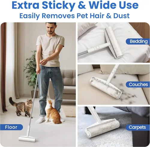 Miniatura 3 de Rodillo de pelusa grande para pisos, alfombras, muebles, cama, removedor de pelo de mascotas extra pegajoso de 9.45 pulgadas de ancho, 4 recambios