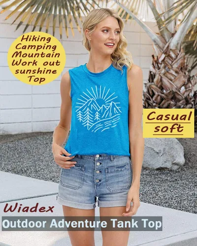 Miniatura 96 de Camisetas sin mangas de senderismo y montaña para mujer, divertidas camisetas de entrenamiento con gráficos de pino y amanecer, camisetas de verano