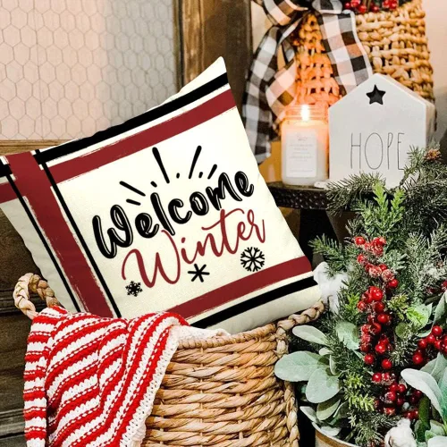 Miniatura 6 de Juego de 4 fundas de almohada navideñas de 18 x 18 pulgadas, Papá Noel, muñeco de nieve, tira de bienvenida de invierno, almohadas de Navidad