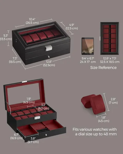 Miniatura 56 de SONGMICS UJWB012 - Caja de reloj de 12 ranuras, caja de reloj con cerradura con tapa de vidrio, 2 capas, con 1 cajón para anillos, pulseras, idea