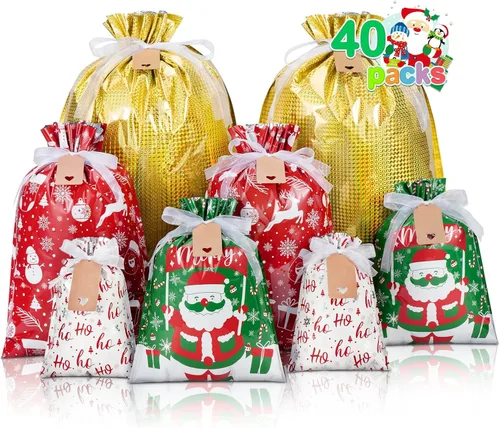 Tiblue Bolsas de regalo de Navidad con cordón, 40 bolsas de regalo de Navidad con etiquetas, bolsa de regalos de vacaciones, varios tamaños para