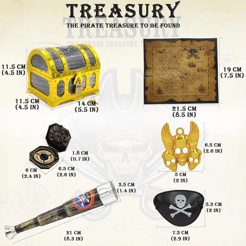Miniatura 5 de Juego de 182 piezas de cofre del tesoro pirata con marco dorado para niños, con candado, mapa, monedas, aretes, anillos, parche para ojos, brújula