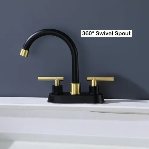 Miniatura 4 de Grifo de baño negro y dorado, 2 manijas de 4 pulgadas con drenaje desplegable, moderno fregadero de tocador de caravana de 2 o 3 agujeros de montaje
