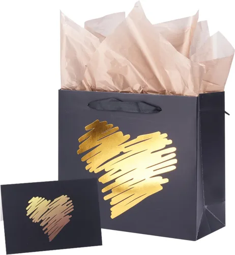 ysmile Pequeña bolsa de regalo negra con papel de seda para hombres, fiesta de cumpleaños, aniversario, día del padre, 7.8 pulgadas, corazón dorado