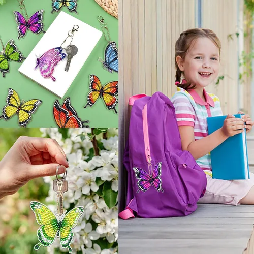 Miniatura 6 de Juego de 10 llaveros de pintura de diamante de mariposa de doble cara, llaveros artísticos de diamantes 5D para colgar adornos de diamantes