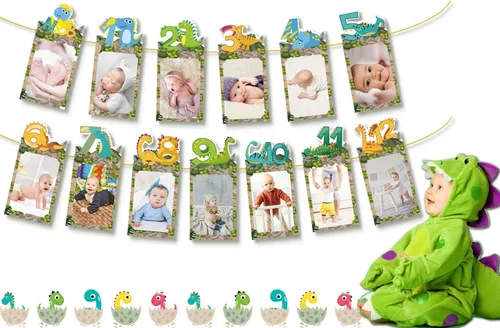 Miniatura 8 de Decoraciones de primer cumpleaños de dinosaurio, cartel de fotos de primer cumpleaños para bebés de recién nacido a 12 meses, decoraciones