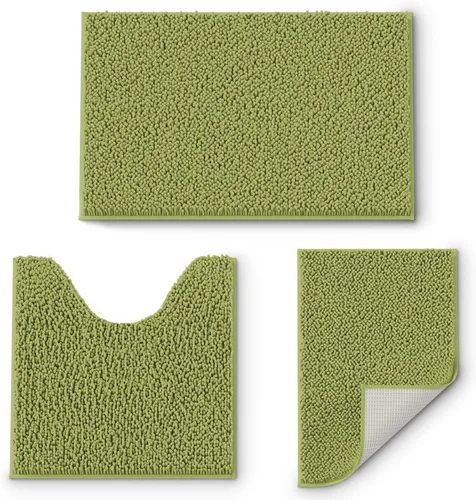 Miniatura 10 de Juego de 3 tapetes de baño de felpilla, antideslizantes, ultra suaves, absorbentes con forma de U para inodoro, baño, bañera, ducha, color verde