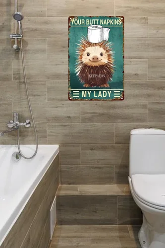 Miniatura 3 de Letrero de metal de puercoespín de 12 x 8 pulgadas con texto en inglés "Your Butt Napkins My Lady", decoración de baño para mujeres, decoración