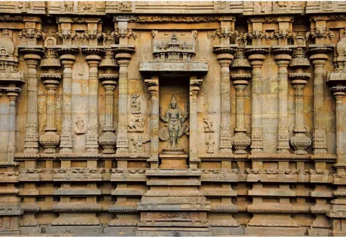 Miniatura 4 de AOFOTO Telón de fondo tallado de templo hindú de 5 x 4 pies de Thanjavur, antiguas columnas de templo Brihadishvara, ídolos tallados en fondo