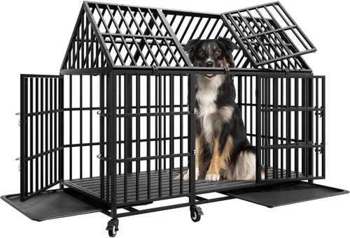 Miniatura 8 de Jaula indestructible para perros de 44 pulgadas, resistente a escapes, con techo puntiagudo para perros grandes y medianos de alta ansiedad, jaula