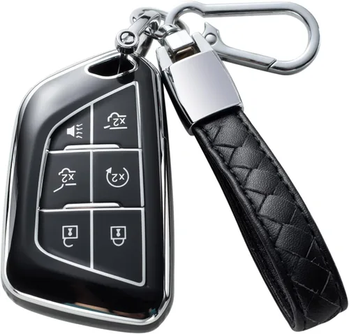 Funda compatible con llavero Cadillac con cordón de piel, protección para llave de automóvil Cadillac ATS CT5 CT6 XT4 XT5 XTS 5/6 botones Smart