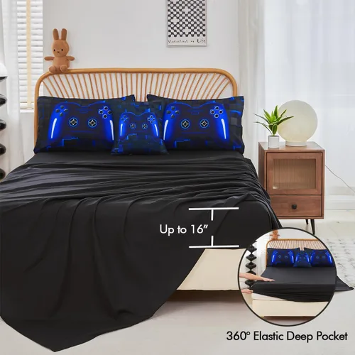 Miniatura 5 de PERFEMET Juego de ropa de cama tamaño Twin en una bolsa, 6 piezas, juego de ropa de cama gaming para niños, edredón azul gamer con juego de sábanas
