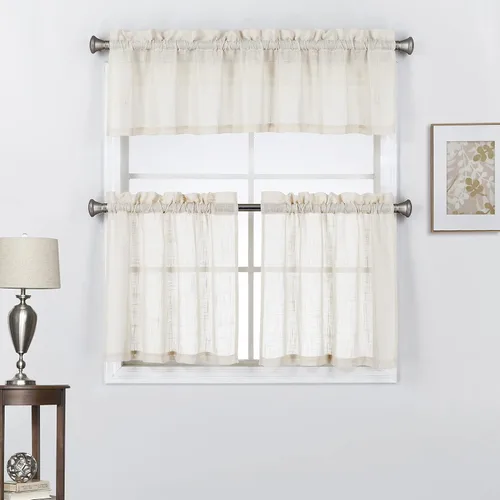 Miniatura 17 de Juego de 3 cortinas de lino con textura para ventana de cocina y cafetería, 24 pulgadas de largo, color negro