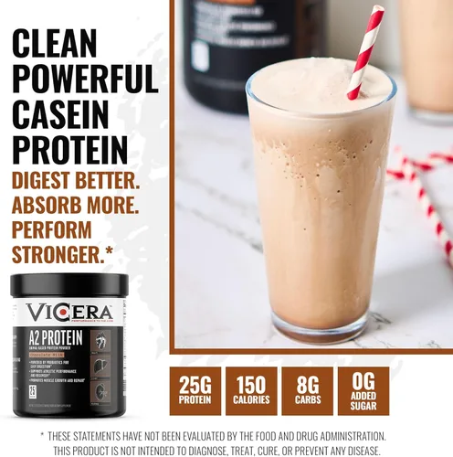 Miniatura 2 de VICERA A2 Polvo de Proteína, Leche de Chocolate, 25 G de Proteína por Porción, Mezcla Orgánica de A2/A2 de Suero y Caseína con Probióticos y Sal