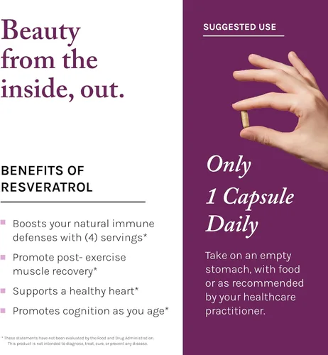 Miniatura 4 de Reserveage Beauty Resveratrol 250 mg - Mejor Trans-Resveratrol - Suplemento antioxidante vegano para la salud celular y cardíaca - Ayuda al
