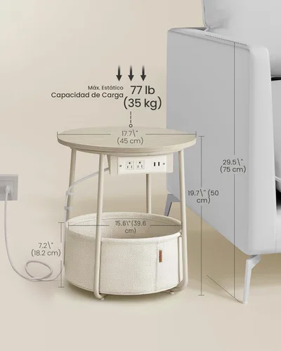 Miniatura 2 de VASAGLE Colección LILEA - Mesa auxiliar con estación de carga, mesa auxiliar redonda con cesta de tela, mesita de noche con puertos USB, para sala