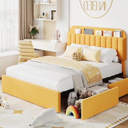 Miniatura 18 de IDEALHOUSE Base de cama individual para niños, cama plataforma tapizada con botones para niños/niñas con 2 cajones flexibles, cabecero tipo