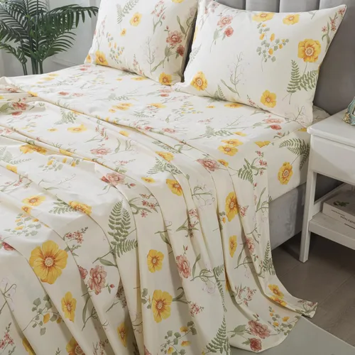 FADFAY Juego de sábanas de percal de algodón cepillado con bolsillo profundo, sábana bajera ajustable de lujo con estampado floral de caléndula