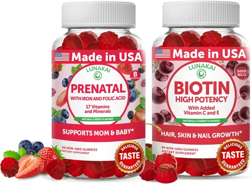 Paquete de gomitas prenatales y de biotina Lunakai - Gomitas multivitamínicas para el embarazo con hierro y ácido fólico - Suplemento para el