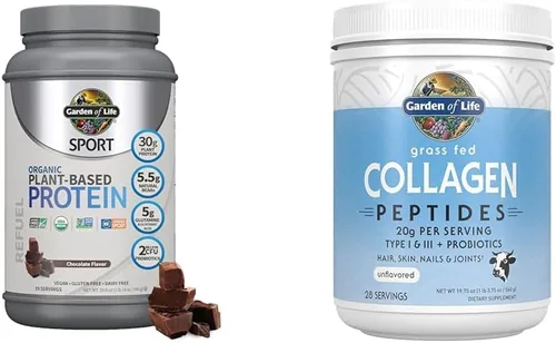 Garden of Life Proteína deportiva vegana orgánica en polvo y péptidos de colágeno alimentados con pasto, 19.75 onzas