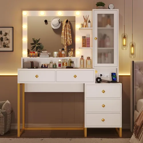 Miniatura 4 de Tiptiper - Tocador de maquillaje con luces y estación de carga, escritorio de tocador grande con espejo y luces, mesa de maquillaje con 5 cajones
