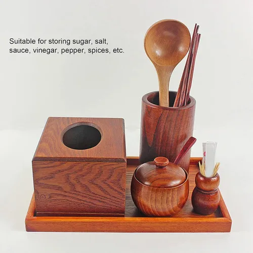 Miniatura 2 de Olla de especias de madera, bodega de sal de madera natural con tapa y cuchara, contenedor de azúcar, tarro de especias vintage, recipiente