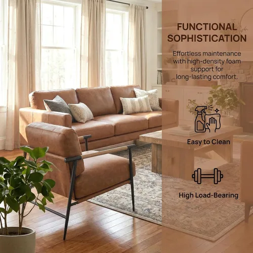 Miniatura 6 de DUOMAY Silla moderna de mediados de siglo, sillón de piel sintética marrón, silla de dormitorio con patas de metal para sala de estar, lectura