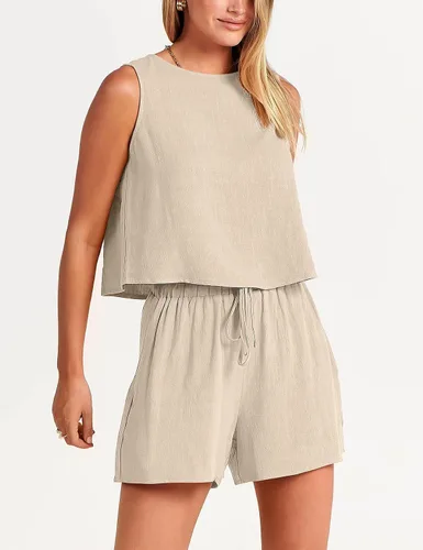 Miniatura 6 de GIVNUAN Conjunto de 2 piezas de lino con cuello cuadrado para mujer, conjunto de pantalones cortos a juego para la playa, verano 2023 a la moda