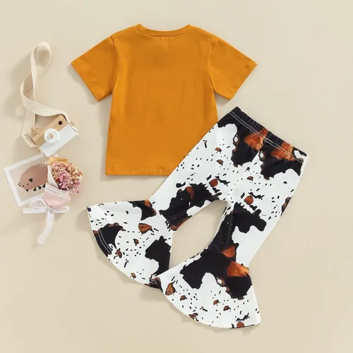 Miniatura 87 de fhutpw Conjunto de camiseta de manga corta con estampado de vaca y pantalones acampanados de dibujos animados para niñas