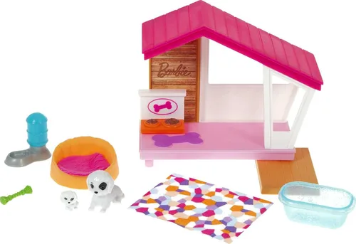 Barbie Mini juego con 2 cachorros de mascotas, caseta para perros y accesorios para mascotas, regalo para niños de 3 a 7 años