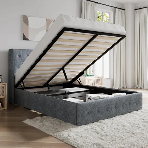Miniatura 14 de SHA CERLIN Base de cama tamaño queen con almacenamiento elevado, cabecero abatible con botón, plataforma tapizada, almacenamiento hidráulico, Beige