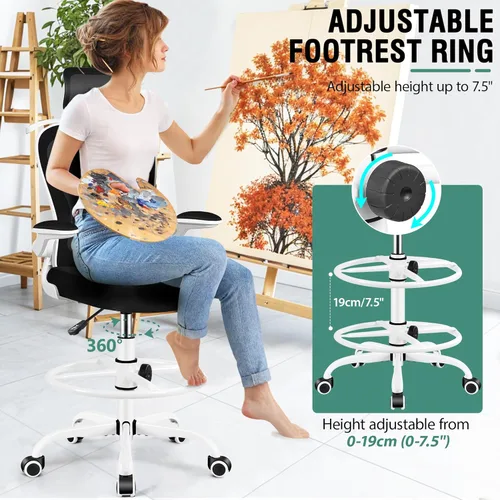 Miniatura 3 de Silla de Dibujo, Silla de Oficina Alta con Soporte Lumbar y para la Cabeza 3D, Silla Ergonómica de Malla para Escritorio de Pie con Anillo Blanco