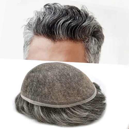 Miniatura 245 de Toupee para hombres nudos blanqueados hombres toupee hairpieces europeo virgen sistema de reemplazo de cabello humano suave encaje francés hombres