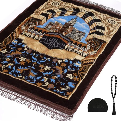Miniatura 11 de Alfombra de oración musulmana con cuentas de oración Tasbih y sombrero de kufi, acolchada muy gruesa, alfombra de oración para hombres y mujeres