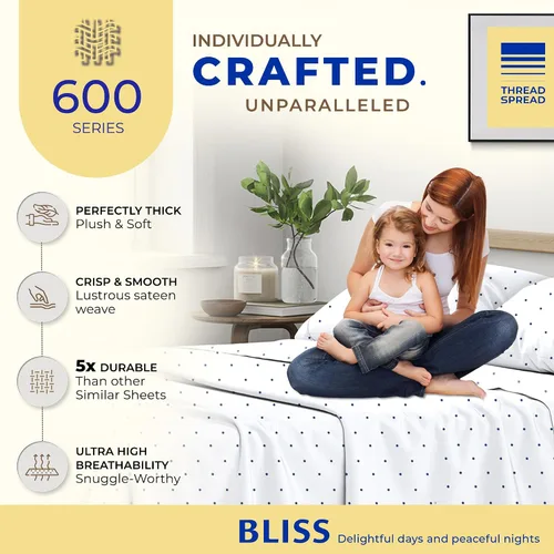 Miniatura 5 de THREAD SPREAD Sábanas de Cama Impresas de Algodón Egipcio 100% - Juego de Sábanas Queen de 600 Hilos de 4 Piezas, Sábanas de Satén de Lujo Hotelero