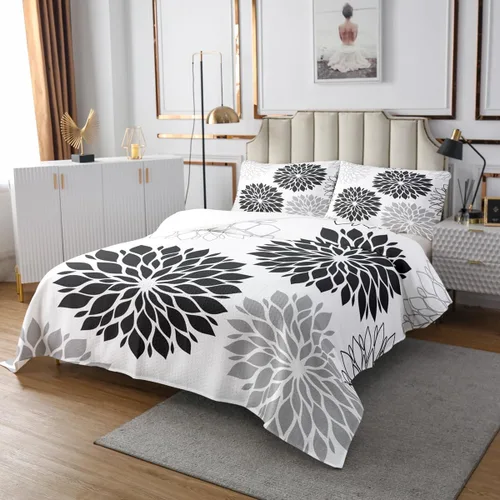 Miniatura 3 de Erosebridal Dahlia - Colcha floral de tamaño individual, colcha geométrica de flores para mujeres y hombres, color gris y negro, colcha botánica