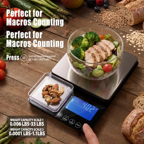Miniatura 3 de Báscula de cocina de doble plataforma, báscula digital de alimentos con pantalla doble, dos básculas en una para pesada y precisa, 33 lb/0.01