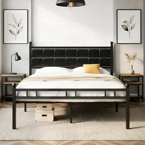 Miniatura 10 de VECELO Base de cama matrimonial, cama tapizada con cabecera de piel sintética, soporte de listones de metal fuerte, sin ruido, no necesita somier