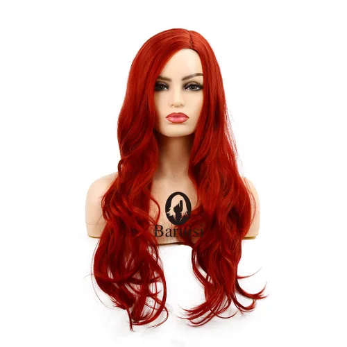 Miniatura 2 de Peluca larga rizada ondulada roja para mujer, raya lateral, aspecto natural, fibra sintética para cosplay, resistente al calor, cabello de reemplazo