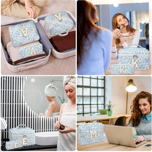 Miniatura 6 de Set de Bolso de Maquillaje Inicial Junesters, Bolso de Maquillaje Acolchado Personalizado, Bolso de Cosméticos Floral Grande para Mujeres, Bonitos