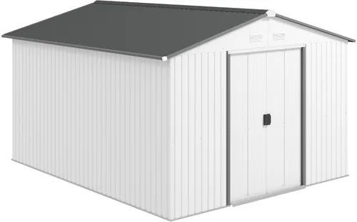 Miniatura 16 de Outsunny Cobertizo de almacenamiento exterior de 11' x 13', cobertizo de metal para herramientas de jardín con kit de cimentación, puerta con doble