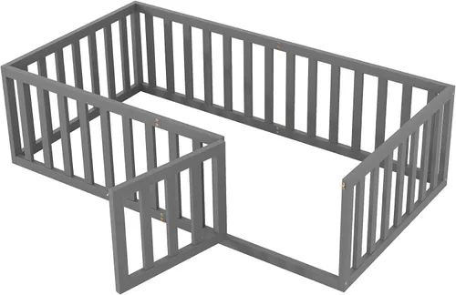 Miniatura 8 de Bellemave Montessori - Cama de suelo para niños, marco de cama de tamaño individual con barandillas en forma de valla y puerta, cama individual