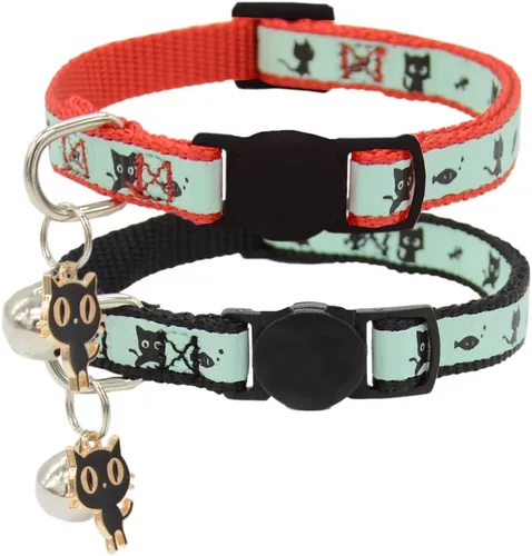 Miniatura 13 de Paquete de 2 collares para gatos que brillan en la oscuridad con campana, collares de seguridad para cachorros con colgante verde y amarillo